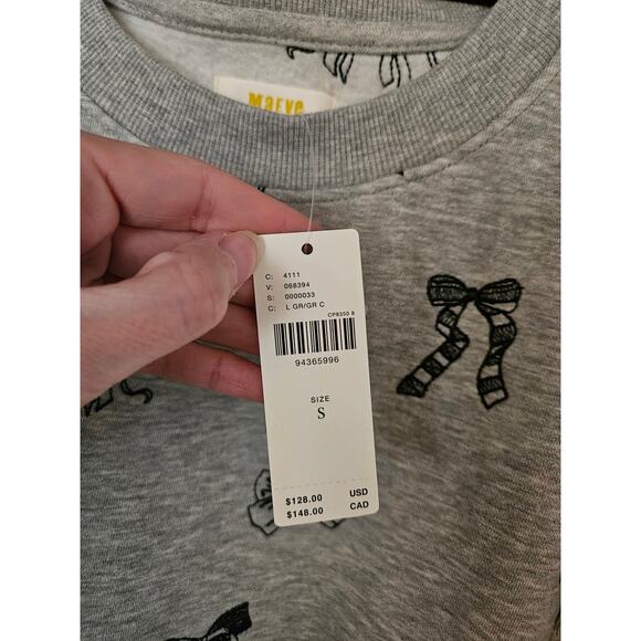 Anthropologie Maeve Gray Navy Embroidered Bow Puff Sleeve Sweatshirt NWT Small - Picture 6 of 9